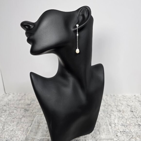White Rhodium Plated Swarovski Crystal Accented & 7mm Freshwater Pearl Drops - Picture 2 of 3